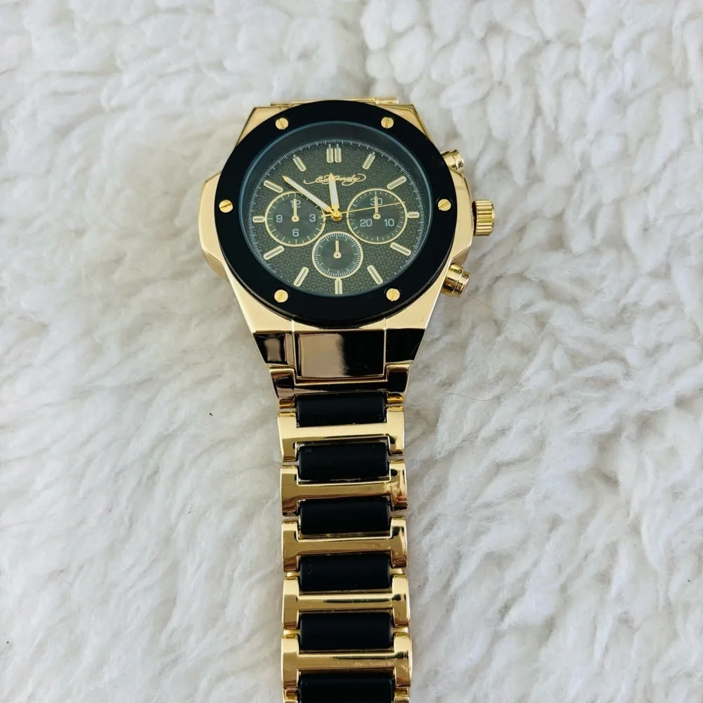 Ed Hardy Gold/Black belt Men's Chronograph Green Dial Black bezel Watch in box